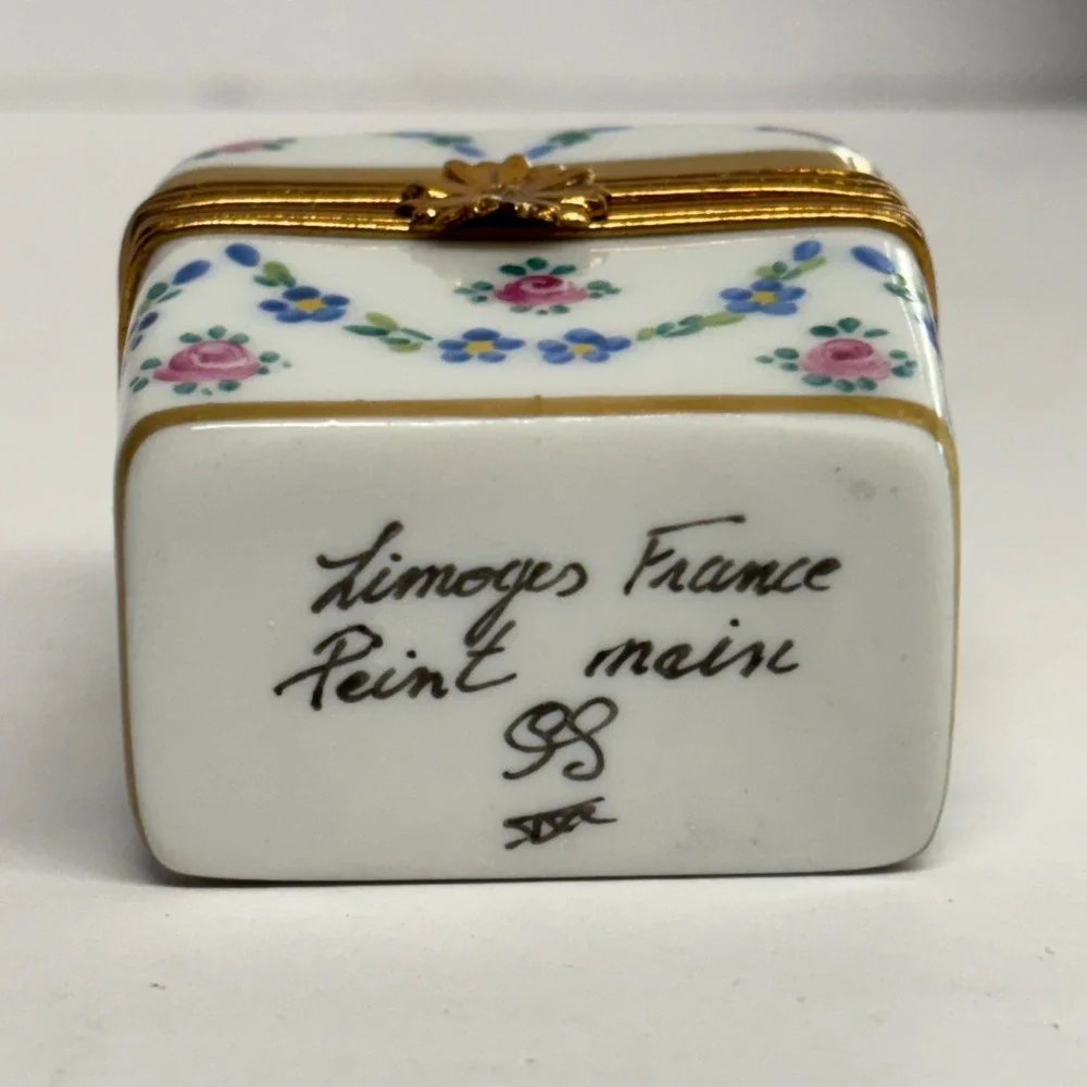 Vintage Limoges Trinket Box Two Glass Bottles Hand Painted Floral Porcelain
